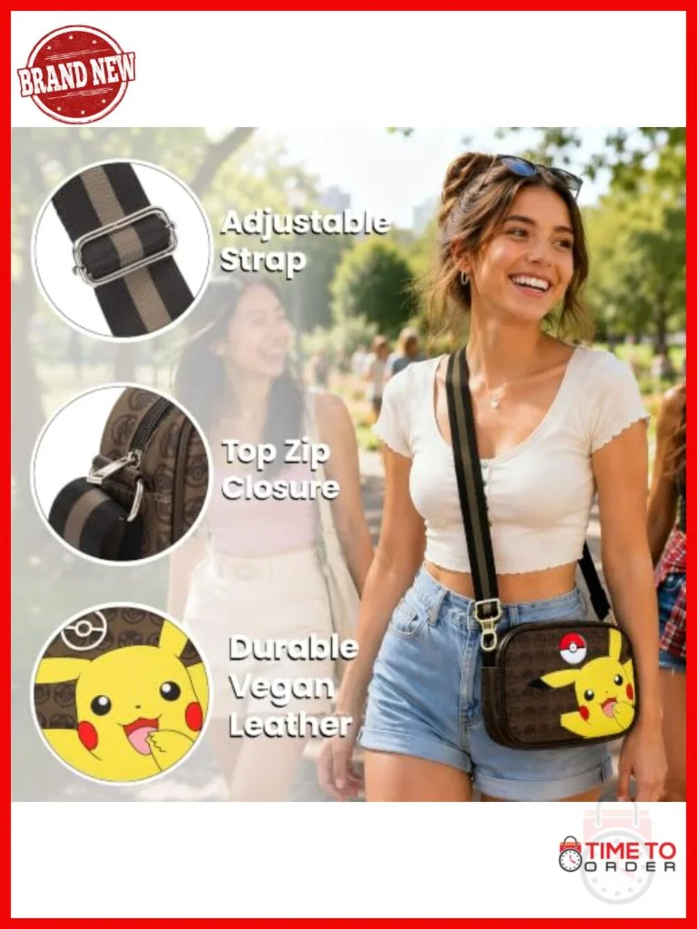 Crossbody Sling Bag with Adjustable Strap - Polyurethane Pikachu Design